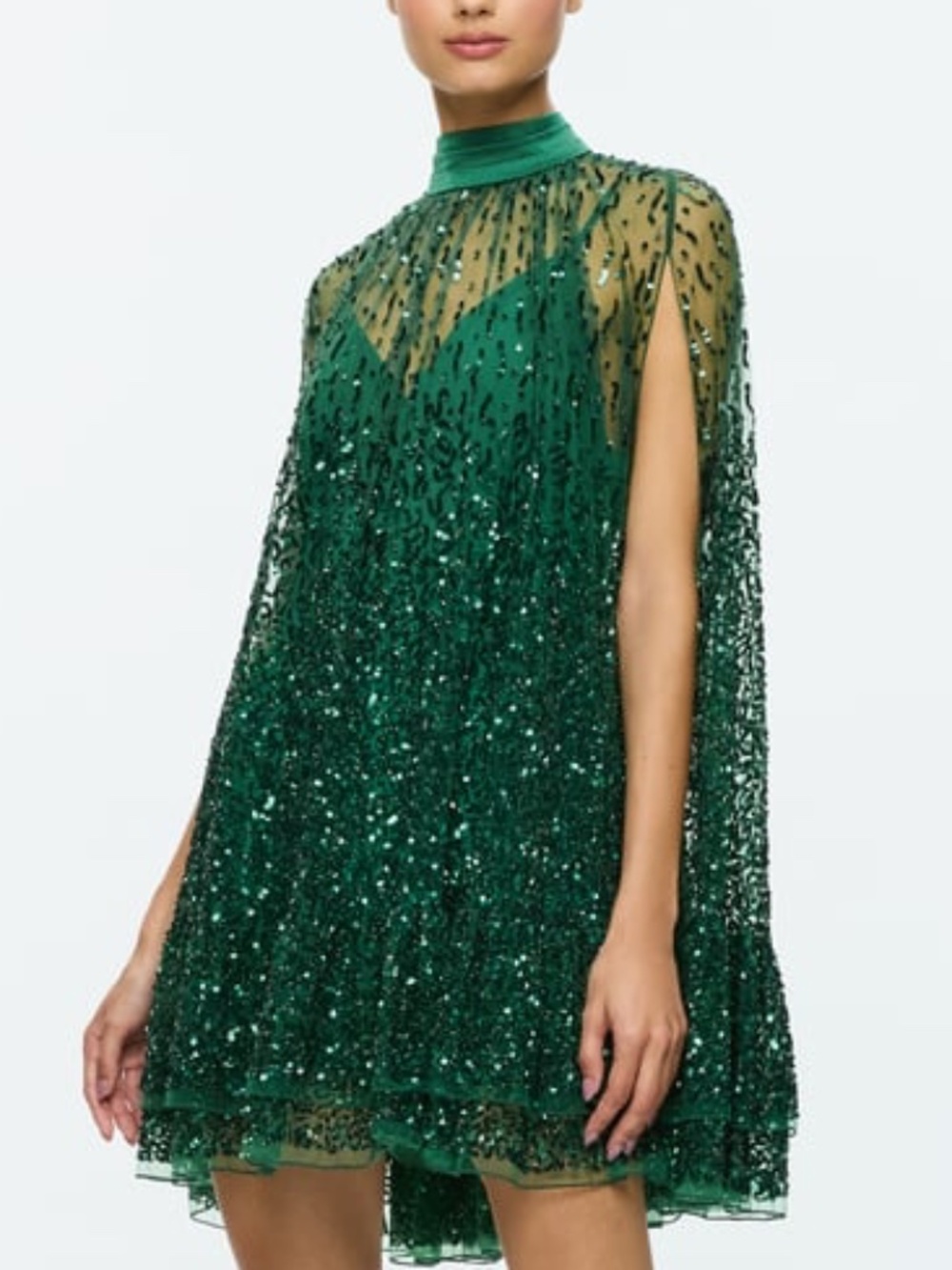 Alice + Olivia ZENON Forest Green Sequin Embellished Cape Mini Dress - Size 2